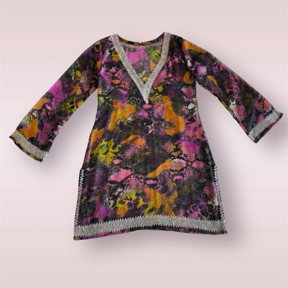 🛍️SALE🛍️Vibrant Multicolor V-Neck Boho Tunic Top Cover Up Mini Dress (100% Silk) - Picture 4 of 7